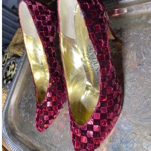 Ruby red pumps velvet and metallic size 6.5 genuine leather bottoms